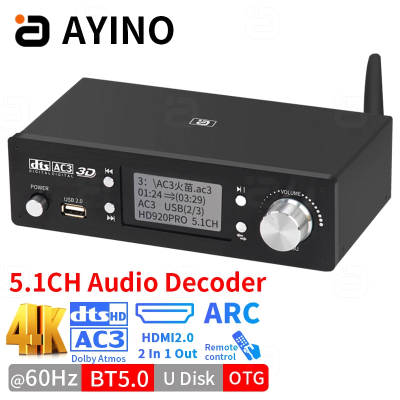 5.1ชเครื่องปรับจูนเสียงบลูทูธตัวรับสัญญาณ5.0 DAC DTS AC3 Dolby Atmos 4K HDMI-เข้ากันได้2.0 Arc Converter SPDIF pcusb HD920PRO DAC