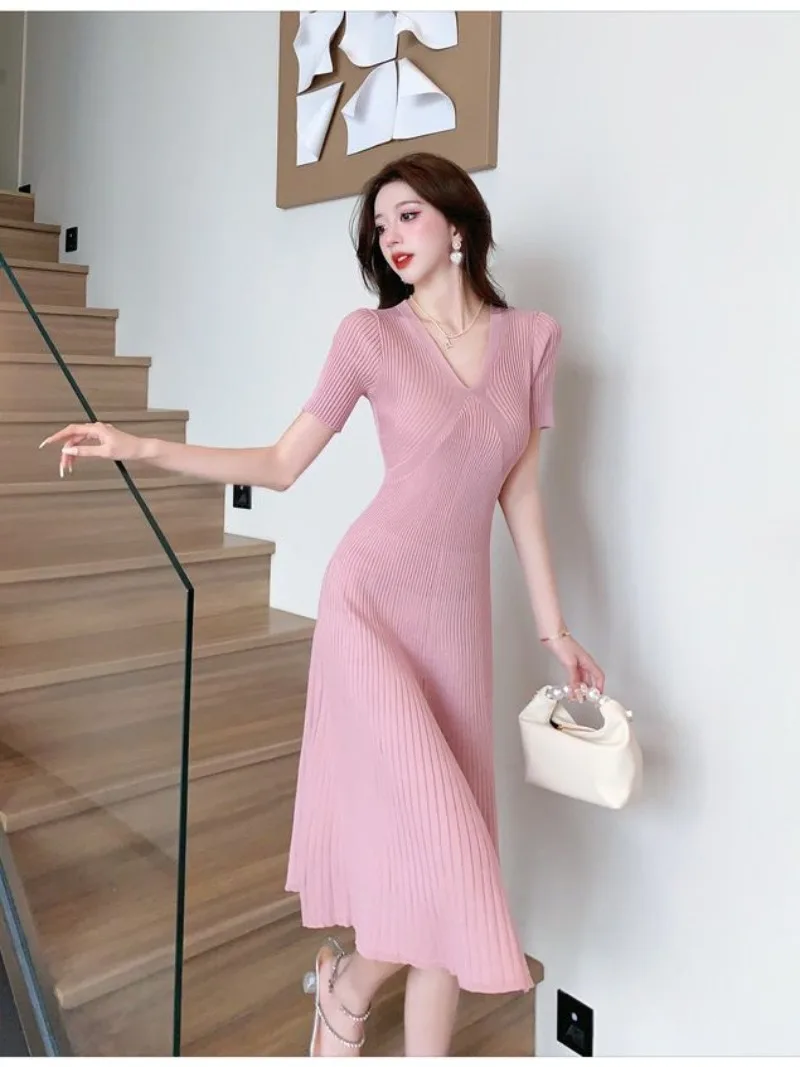 Fashion Pink Knitting Sweater Dress Temperament Bottoming Short Sleeve Ribbed Elegant Maxi V Neck Midi Robe Pullover Clothing