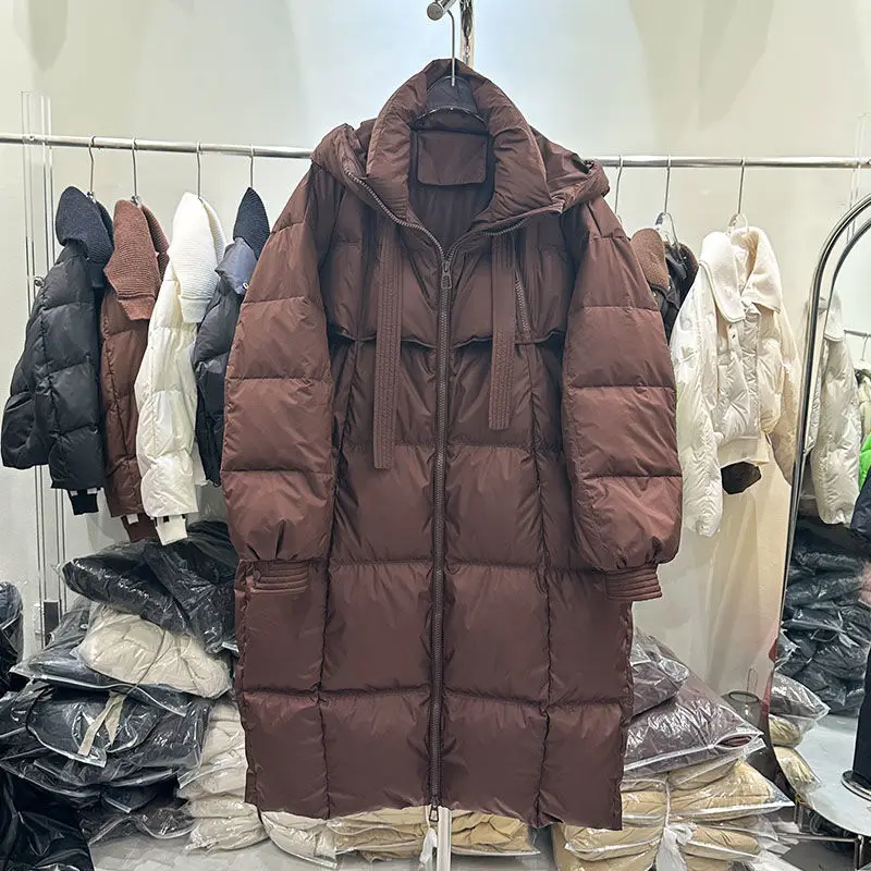 Damska zimowa kurtka z czystej bawełny, długa do kolan, ocieplana, w stylu koreańskim, z kapturem, elegancka, niszowa kurtka watowana.