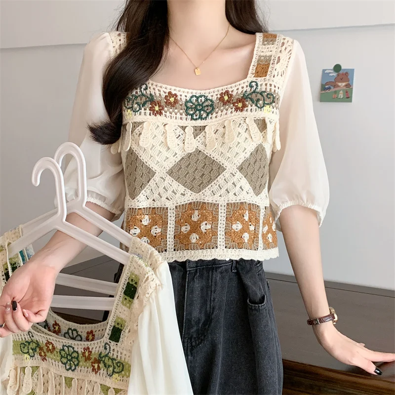 

Summer Dopamine Crochet Hollow Knit Shirt for Women with Bohemian Ethnic Style Short Bubble Sleeve Shirts Top Female Clothing