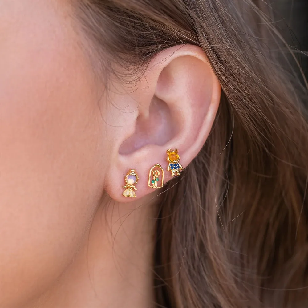 Seulement 3Pcs Set Hypoallergenic Beauty and The Beast Earrings for Women Charm Rose Princess Party Jewelry Set
