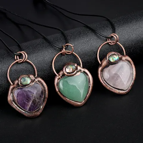 Natural Stone Retro Heart Pendant Amethyst Agate Mineral Jewelry Quartz for Men Women Crystal Gift Heart Shaped Healing Gemstone