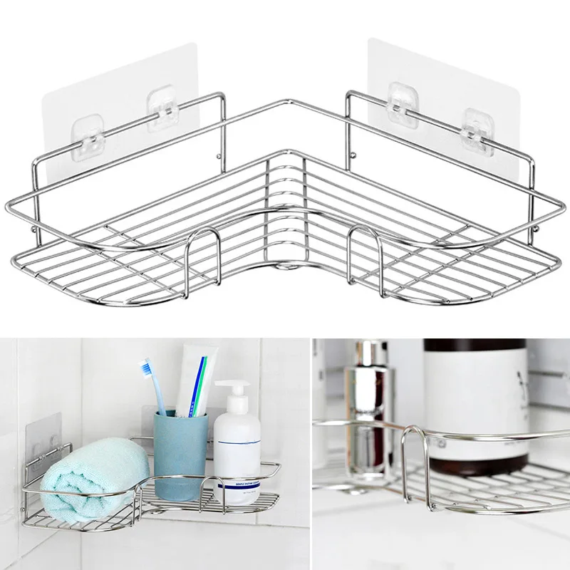 

Stainless Steel Triangular Holder Shelf Wall Mounted Adhesive Shampoo Shower Storage Rack Kitchen Bathroom Organizer