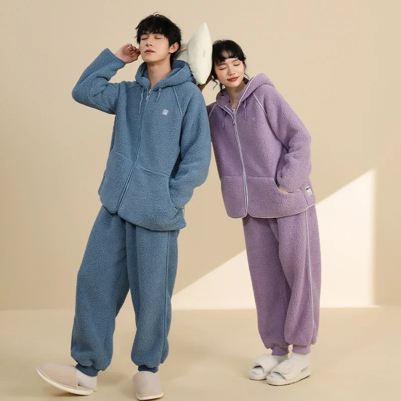 Flanner Pajama Sets For Women Men Hooded Zipper Sleepwear Solid Color Winter Couple Nightwear Suits Thicken Warm Home Clothes