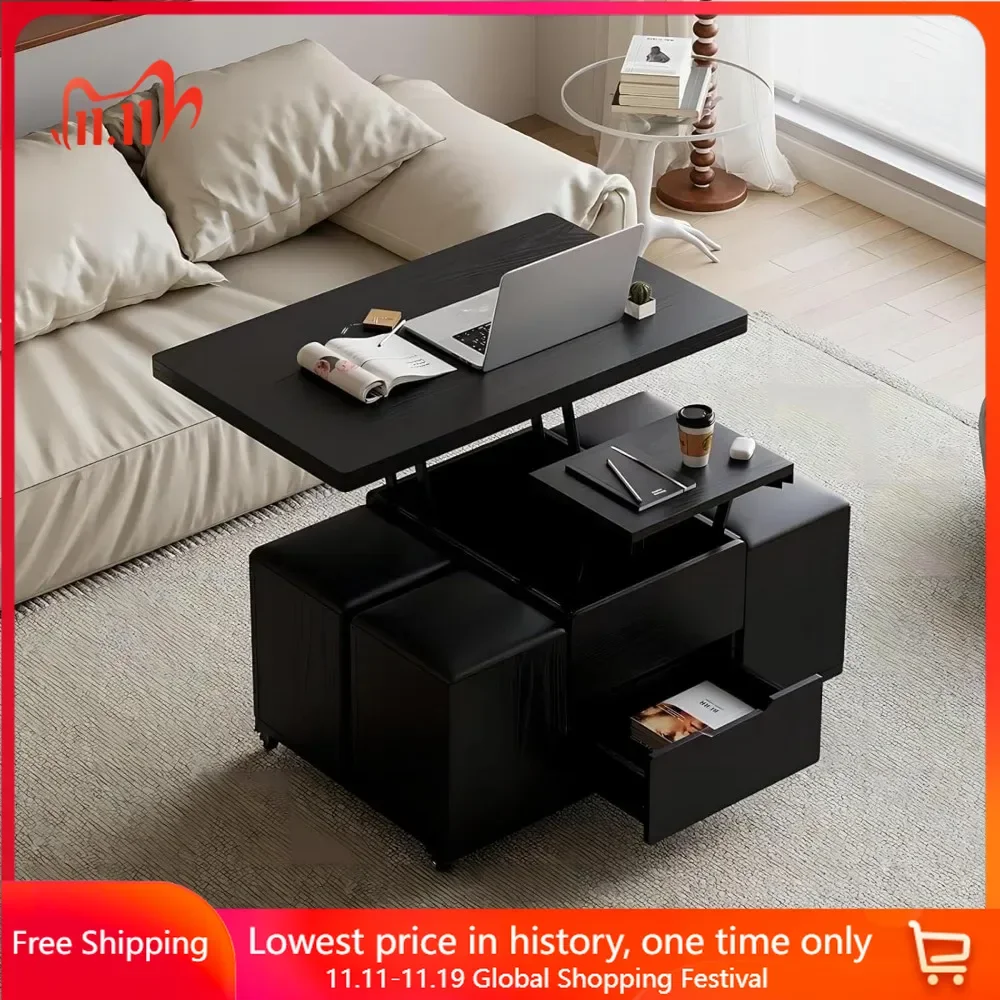 Coffee Table with Hidden Storage, Multifunctional 3-in-1 Tables with 4 Stools and Lockable Wheels, Lift-Top Coffee Table