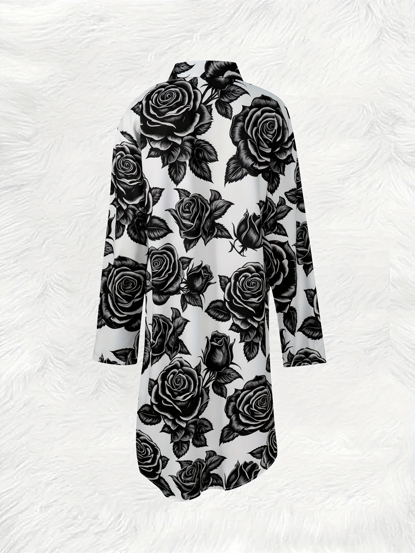 Black Rose Print Long Sleeve Shirt Dress Vacation Style Casual Summer Dress Women Floral Pattern A Line Dress Trendy 2024