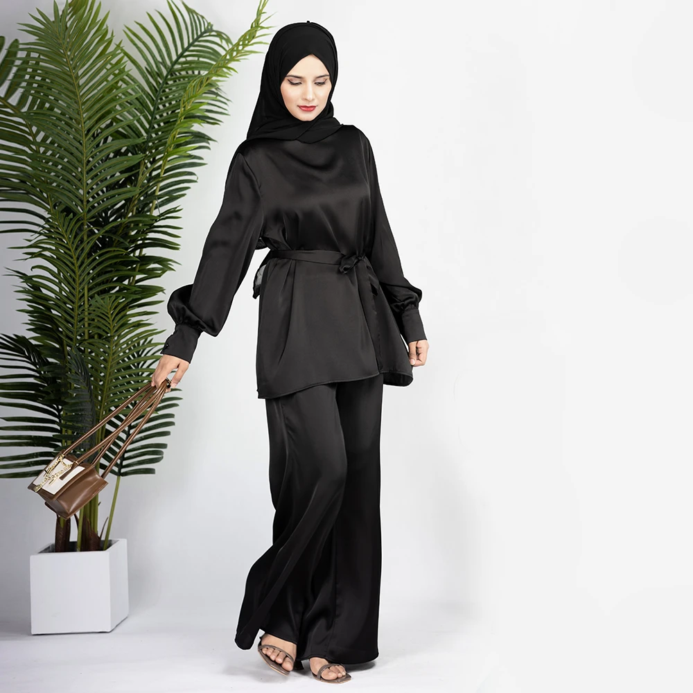 2 Piece Set Abayas Women Plain Satin Islamic Clothing Belted Tops+Long Pants Sets Ramadan Eid Muslim Dress Dubai Turkish Outfits