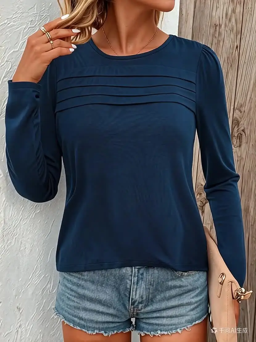 Elegantes T-Shirt mit gerichteter Zahnstocherfalte, einfarbig, Rundhalsausschnitt, raffiniertes Design, Basic-T-Shirt mit Rundhalsausschnitt für den Alltag. – Detail 5