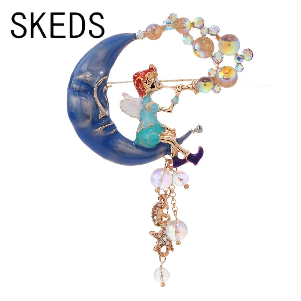 SKEDS Creative Women Vintage Small Girls In The Moon Glaze Enamel Brooches Corsage Middle Tassel Design Suit Office Badges Pins