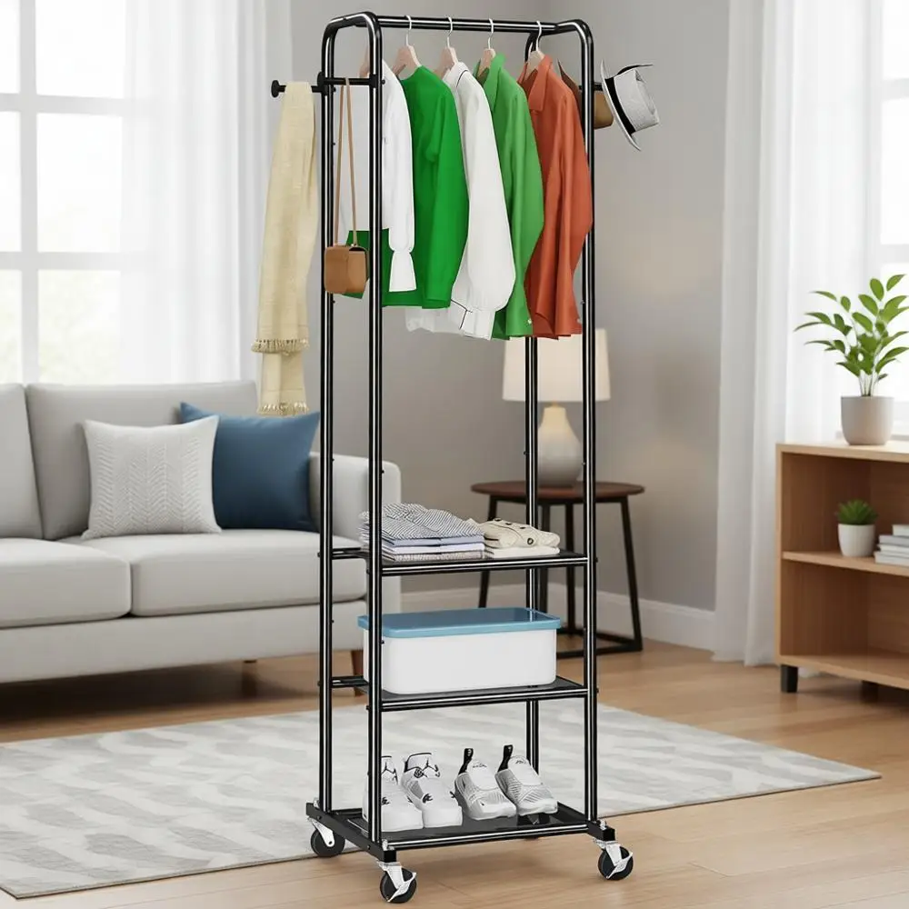 

Высокая черная вешалка для одежды 73 дюйма с 3 полками для хранения вещей