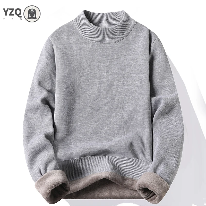 Male Versatile Knitted Sweater Mock Collar Full Fleece Lining Long Sleeve Warm Top Easy Matching Daily Casual Outfit