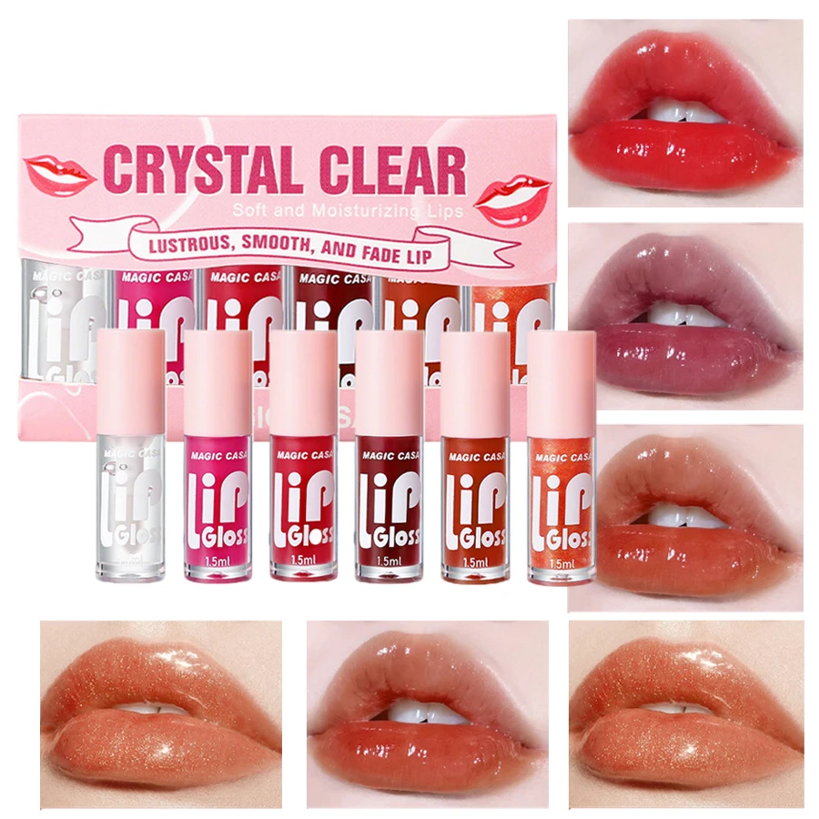 ชุดลิปกลอสใส 6 ชิ้น - Watery Jelly Lip Protector Oil, ริมฝีปากให้ความชุ่มชื้นยาวนาน, ลิปกลอสมันวาวสูง, แต่งหน้าฐานให้ความชุ่มชื้น, มันเงา, เรียบเนียน