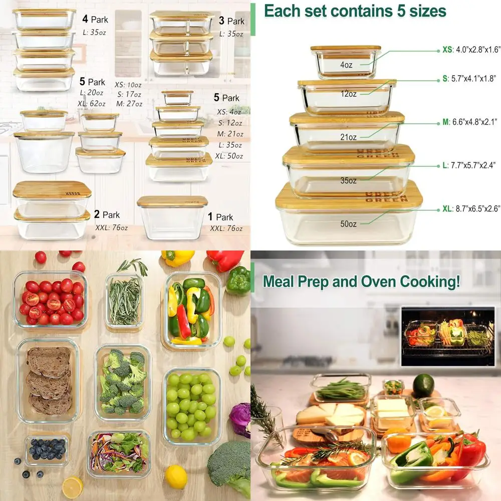 

5-Piece Bamboo-Lid Meal Prep Glass Containers Set - Kitchen & Pantry Organizer, Safe for Microwave, Oven, Freezer