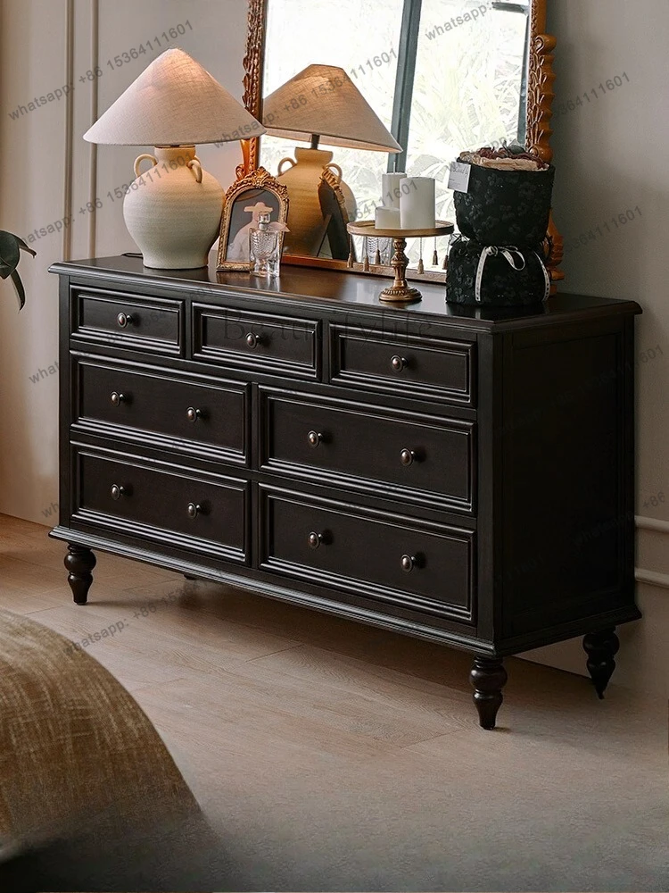 

French retro solid wood chest living room black seven-bucket kitchen side cabinet