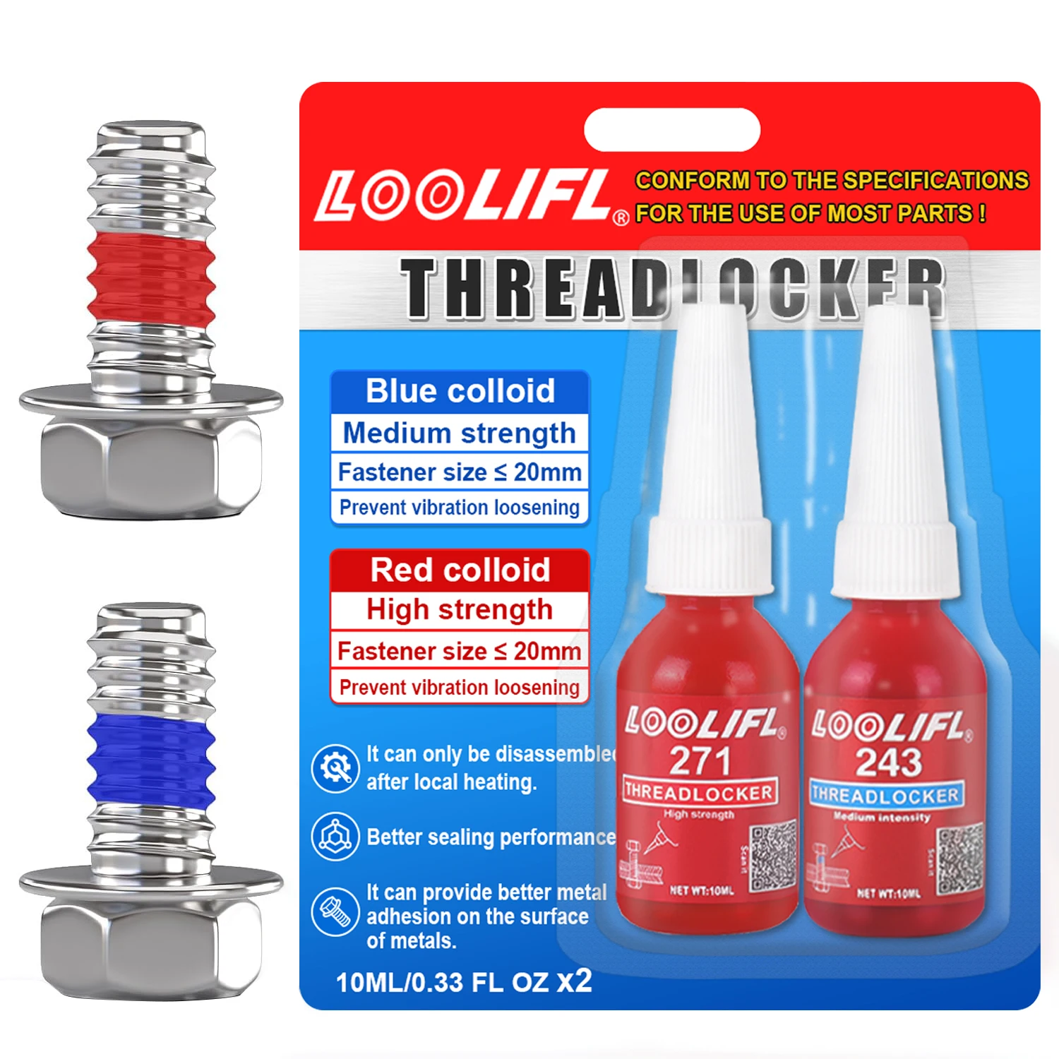 LOOLIFL 10ml Automotive Anaerobic Screw Glue Value Pack - 243 Medium + 271 High Strength, Rust-Proof Corrosion-Resistant for Car