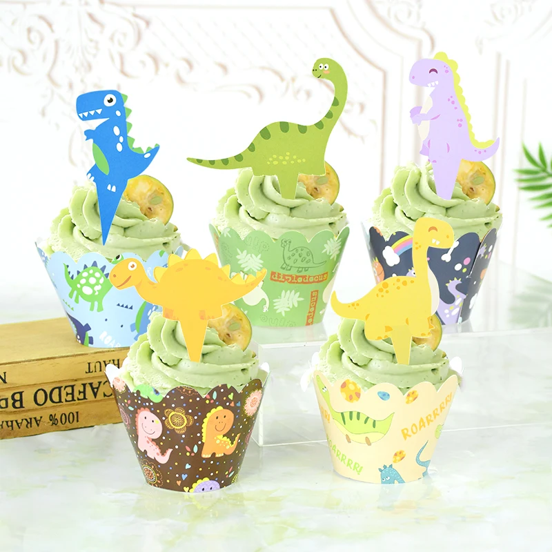 24 pçs dinossauro cupcake envoltórios bolo toppers selva dinossauro tema crianças menino festa de aniversário chá de bebê cupcake topper decoração