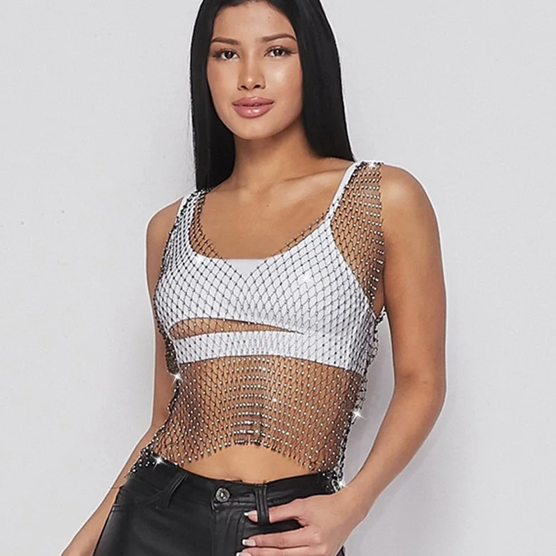 New Style Women's Top Fishing Net Water Diamond Sling Sexy Spicy Girl Nightclub Perspective Mesh