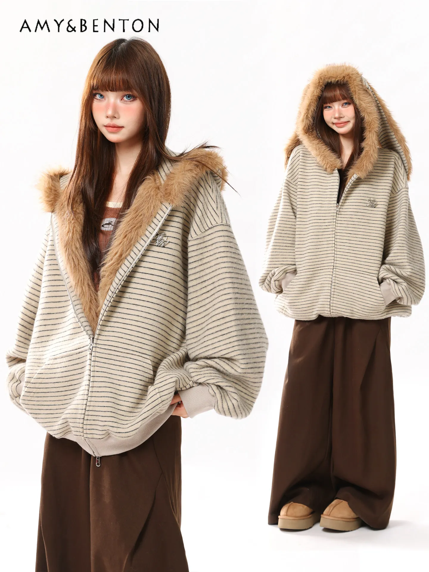 

Spring Autumn New American Retro Women's Apricot Red Striped Rabbit Ear Fleece Hoodie Winter Black Casual Plush Cotton Coat