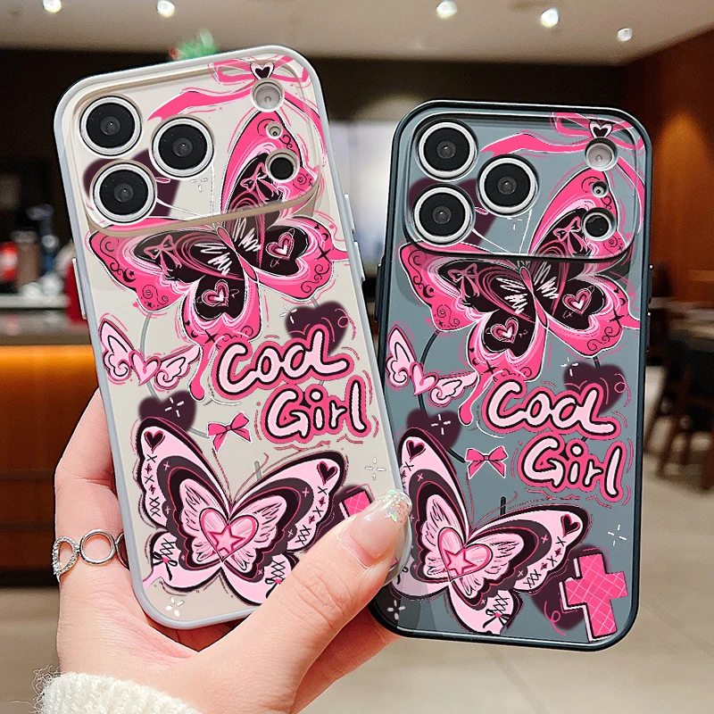 Magnetische Hülle mit rosa Schmetterlings-Schleifenmuster für iPhone 17, 16, 15, 14, 13, Pro Max, für Magsafe Wireless Charge Lens Protect Phone Cover
