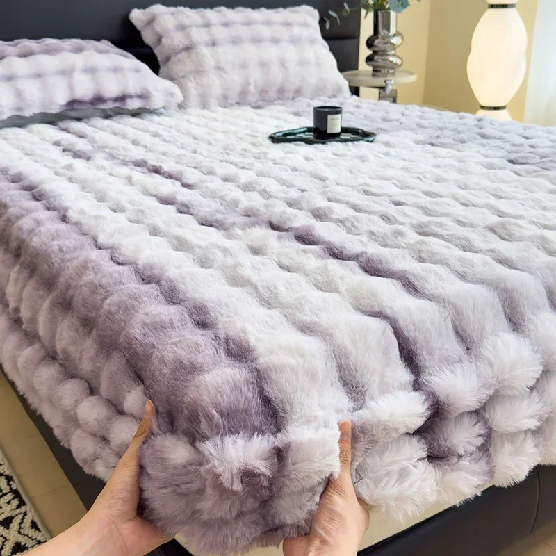 Rabbit Plush Mattress Single Piece Winter Warm Thickened Plush Sheet Cover All-inclusive Mattress Protective Cover Bedding Set