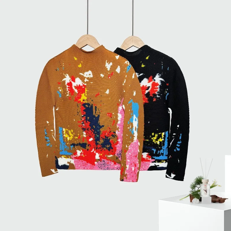 

Miyake Pleated Print Long-Sleeve Pullover Top Women New Slim-Fit Stretch Fashionable Versatile T-Shirt High Elasticity Clothing