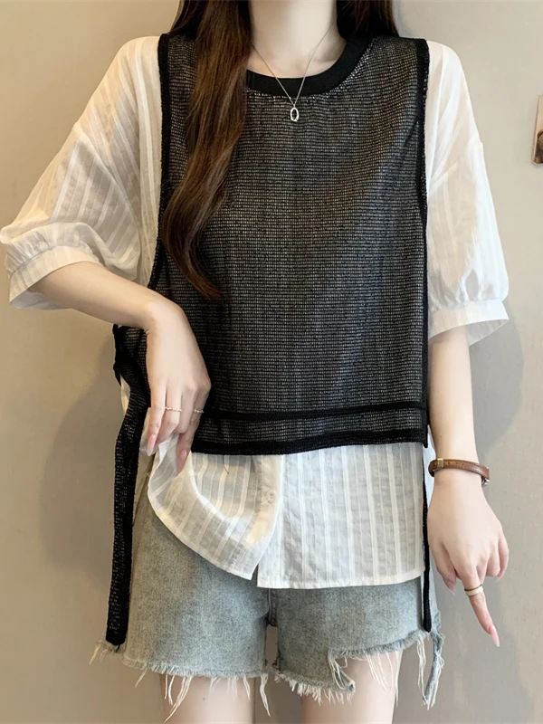 

Ladies' Summer Slimming Loose Fit Short Sleeve Mesh Paneling Shirt Korean Style Button up Casual Top for plus Size Women