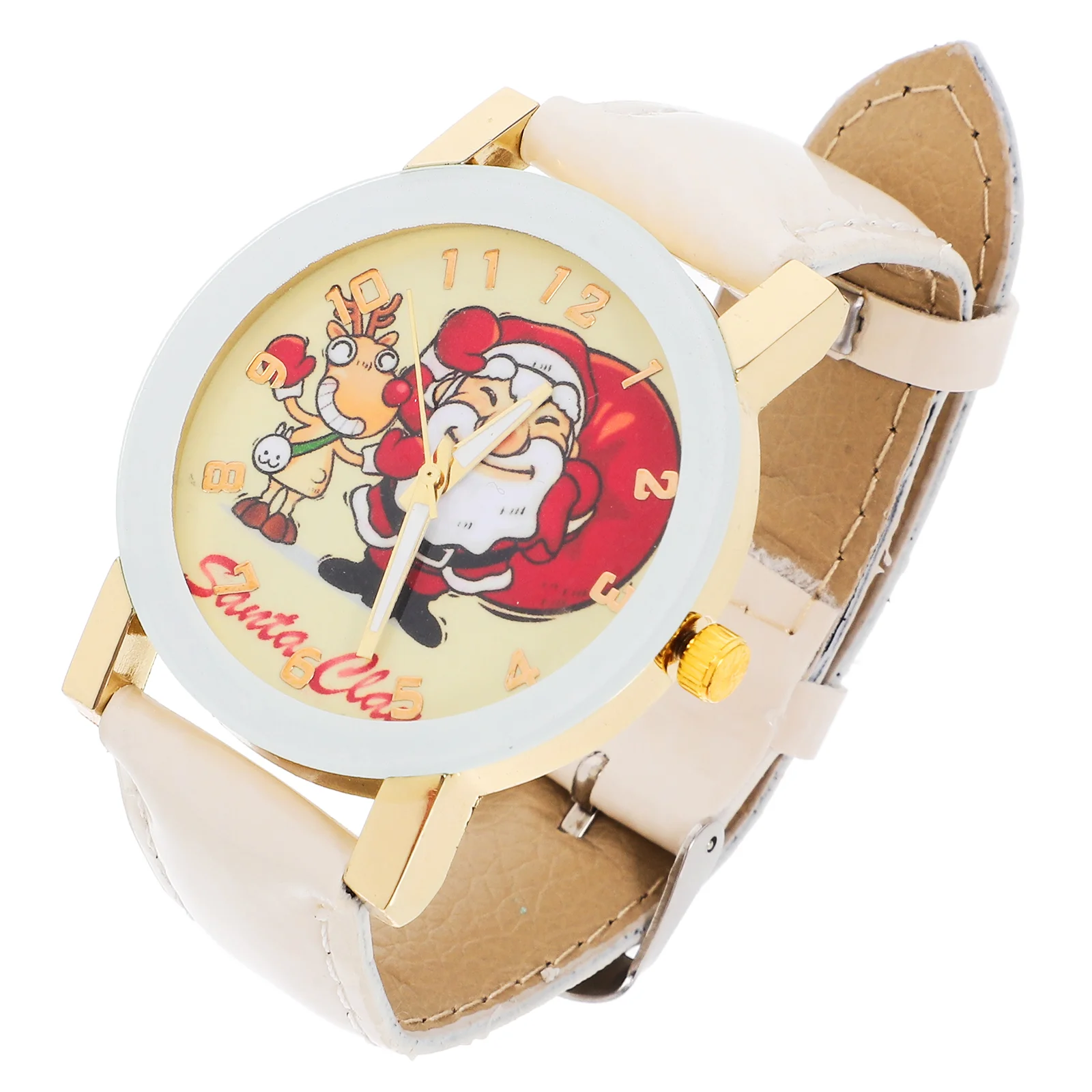 1 reloj de Navidad con patrón de dibujos animados, reloj de cuarzo con cinturón (blanco), reloj de Navidad para mujer