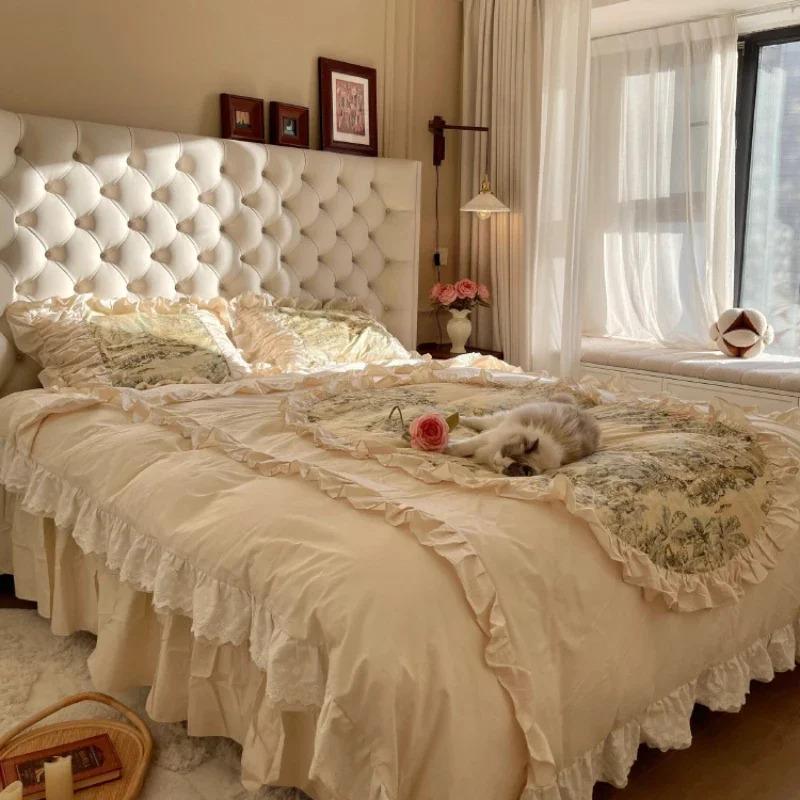 

Luxury Pretty King Size Bed Frame Mattress White Villa Princess Bed Solid Wood Cama Matrimonial Bedroom Set