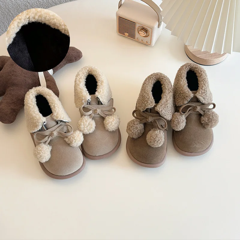 Ins Cute Fur Ball 2024 Winter Korean Children Snow Boots Girls Cotton Shoes Short Boots with Plush Fur Boots