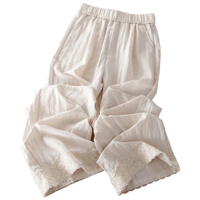 سراويل كتان نسائية صيفية عالية الخصر من الدانتيل مريحة مرقعة كاجوال تسع نقاط مستقيمة