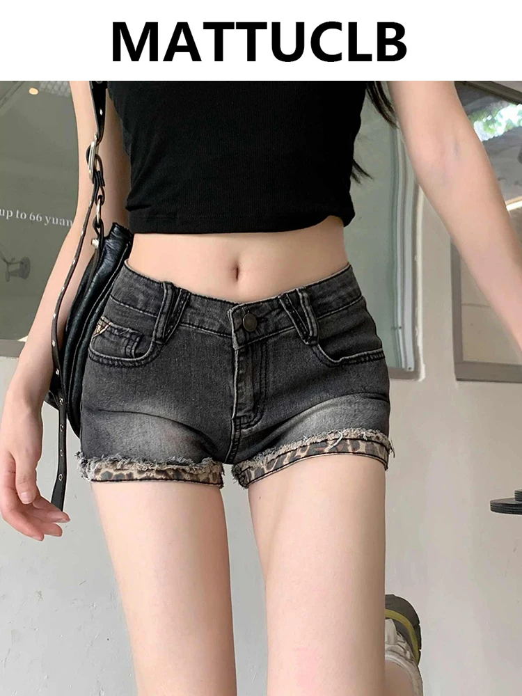 

Summer Women Abi Denim Shorts Harajuku Y2k Streetwear Shorts 2000s Jean Hot Pants Japanese Grunge Leopard Print Cyber Punk New
