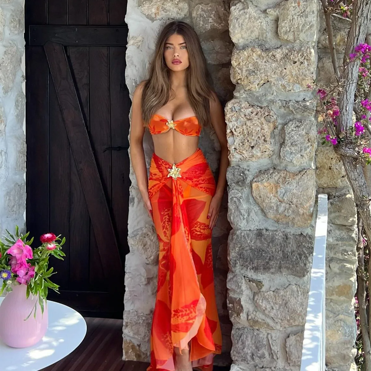 

3 Pieces Bikini 2025 Sexy Women Swimsuit Swimwear Female Bikini Set Beachwear Bathing Suit Maxi Dress Swimming Suit Cover Ups