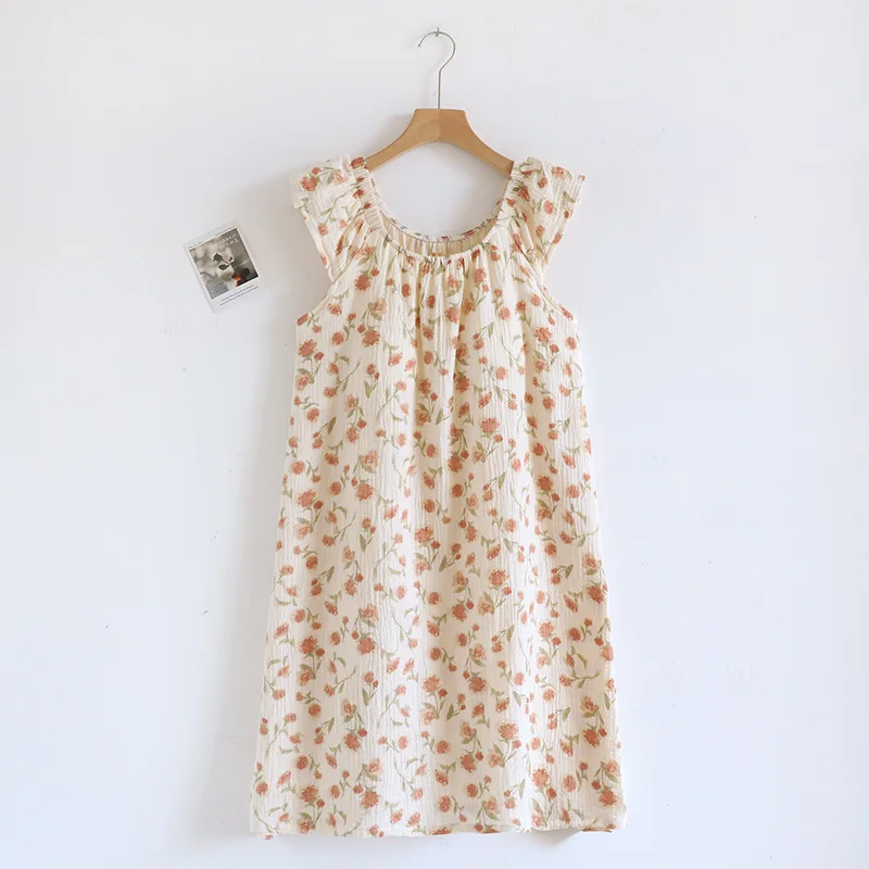 2026 New Summer Women's Sleeping Skirt 100% Cotton Crepe Cloth with Chest Cushion Tank Top Skirt Loose Thin Large Home Clothing view 2
