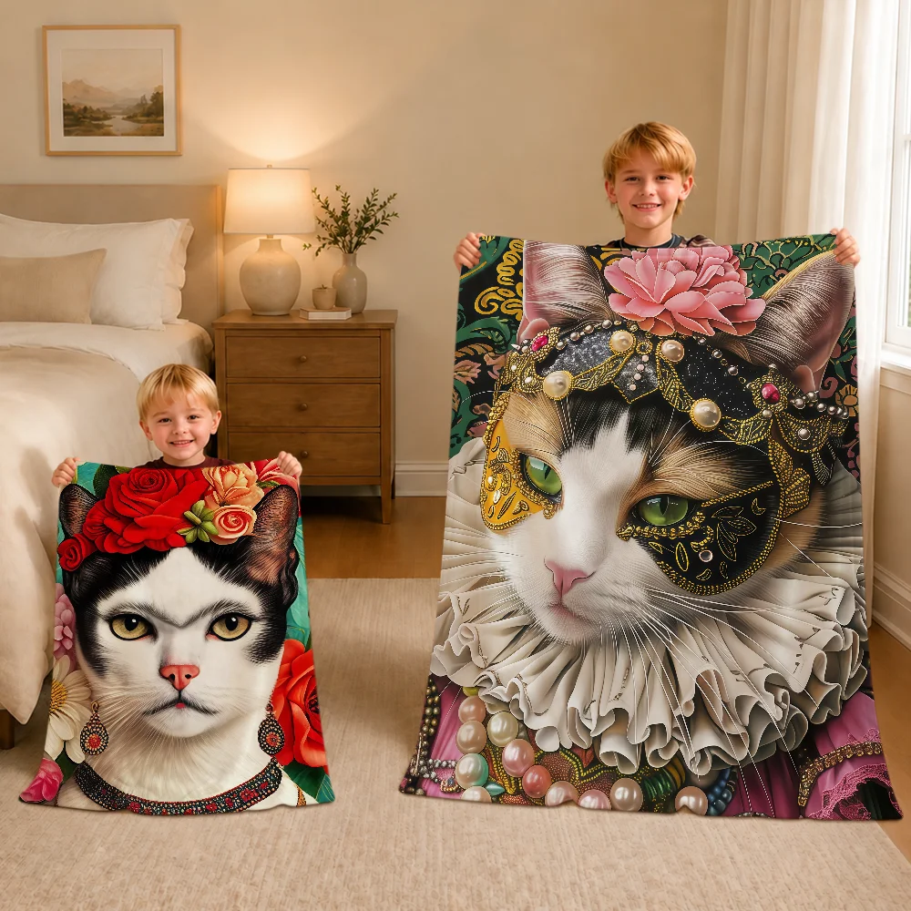 Plush Blanket Jewelry Floral Tabby Cat Flower Hat Warm Soft For Sofa Living Room Nap Home Bedroom Travel Gift Flannel Pet Hogar