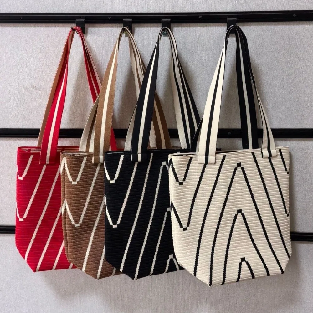 

Вместительная сумка-тоут через плечо в корейском стиле с волнистым узором, вязаная, в полоску, для повседневного использования, для девушек