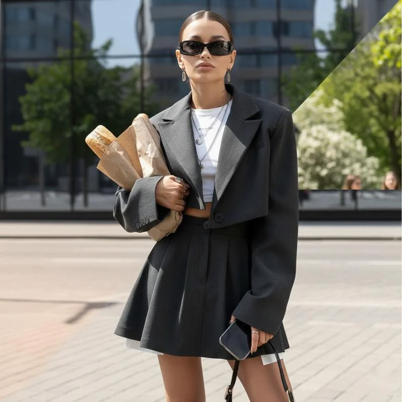 Women's Cropped Blazer And Mini Skirt Set Y2K Style Shoulder Pad Jacket With Button Front And Mini Skirt For Chic Street Fashion