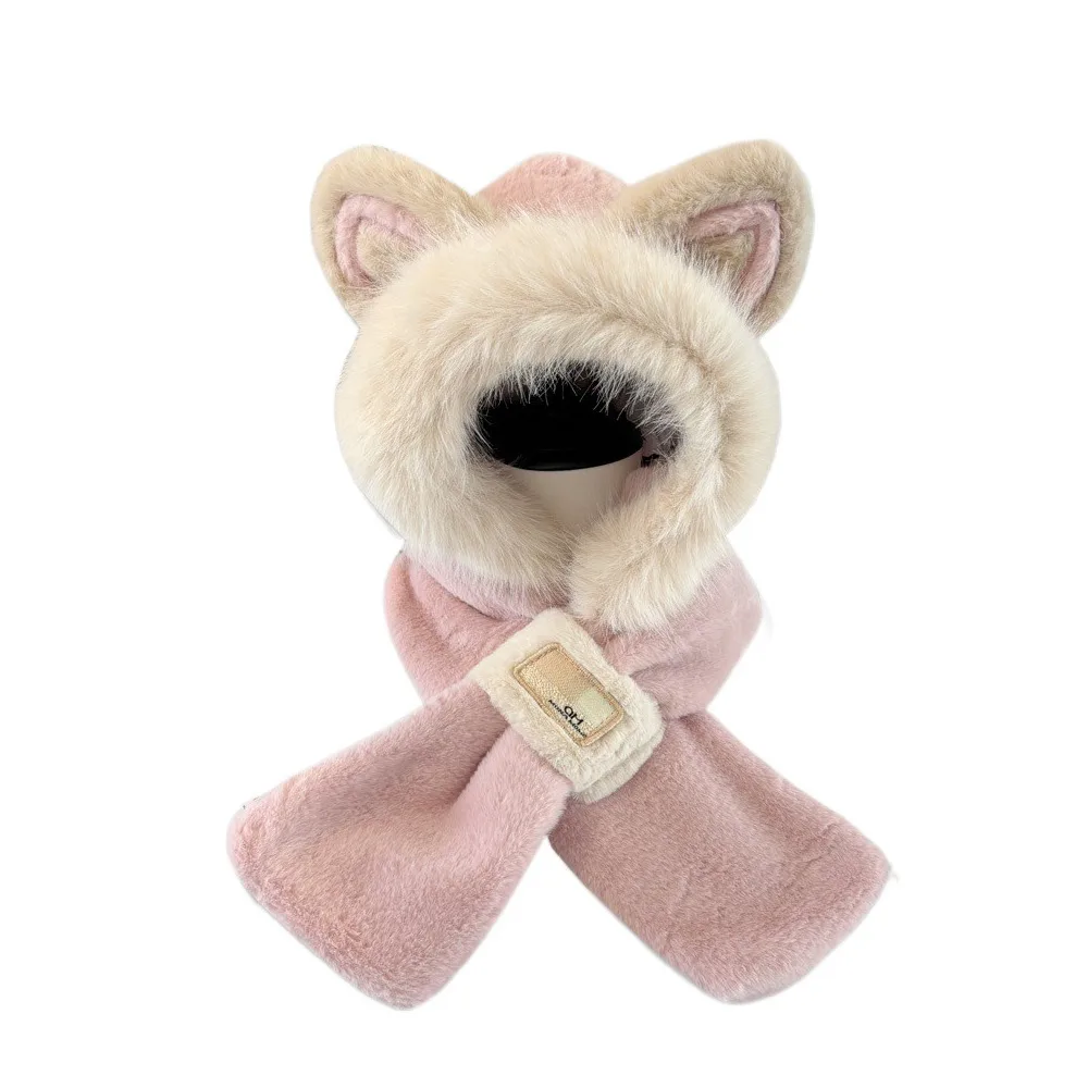 

Fox Ears 2-in-1 Hooded Scarf for Women Windproof Keep Warm Hat Scarf Soft Thicken Winter Plush Scarf Autumn Winter