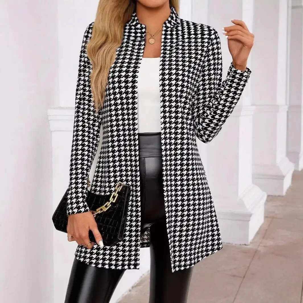 

Spring Autumn Women's Large Size Plaid Print Jacket Round Neck Small Western Style Long Sleeve Comfortable Casual Fashion