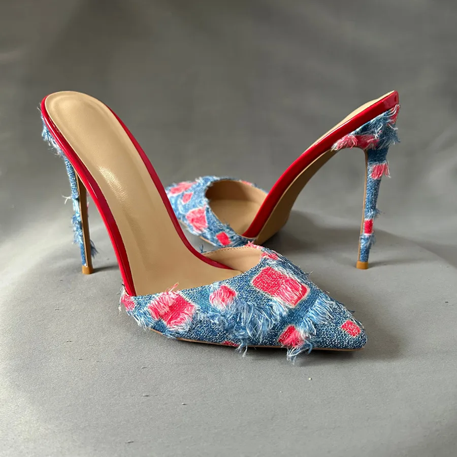2025 New Arrival Sexy Fashion Blue Jeans Pointed Toe Stiletto Slippers for Women 12cm Super High Heels Summer Slip On Sandals