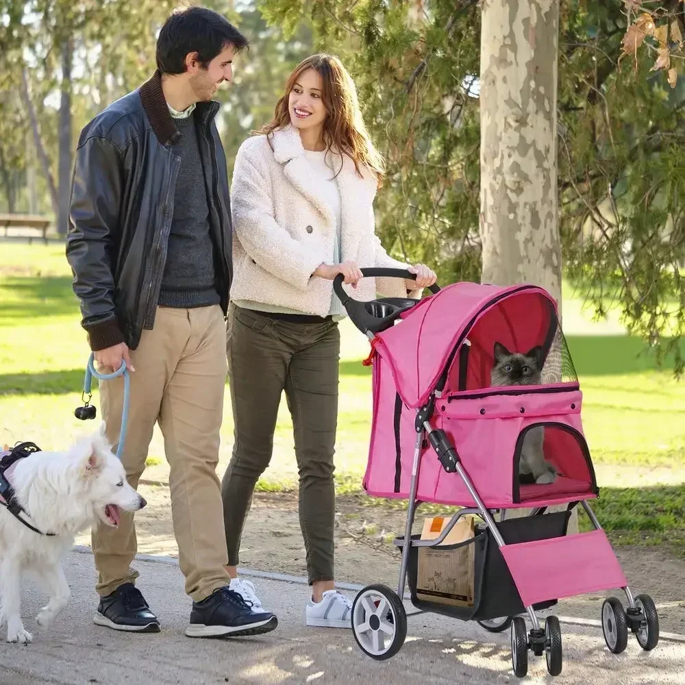

Foldable Carrier Strolling Cart 4 Wheel Pet Stroller, for Cat, Dog w/ Cup Holder