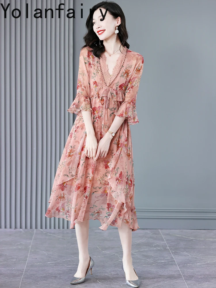 YOLANFAIRY 100% فستان حريري التوت الأصلي للنساء تقسم الدانتيل الخامس الرقبة فستان أنيق جودة عالية فساتين طويلة الأزهار امرأة