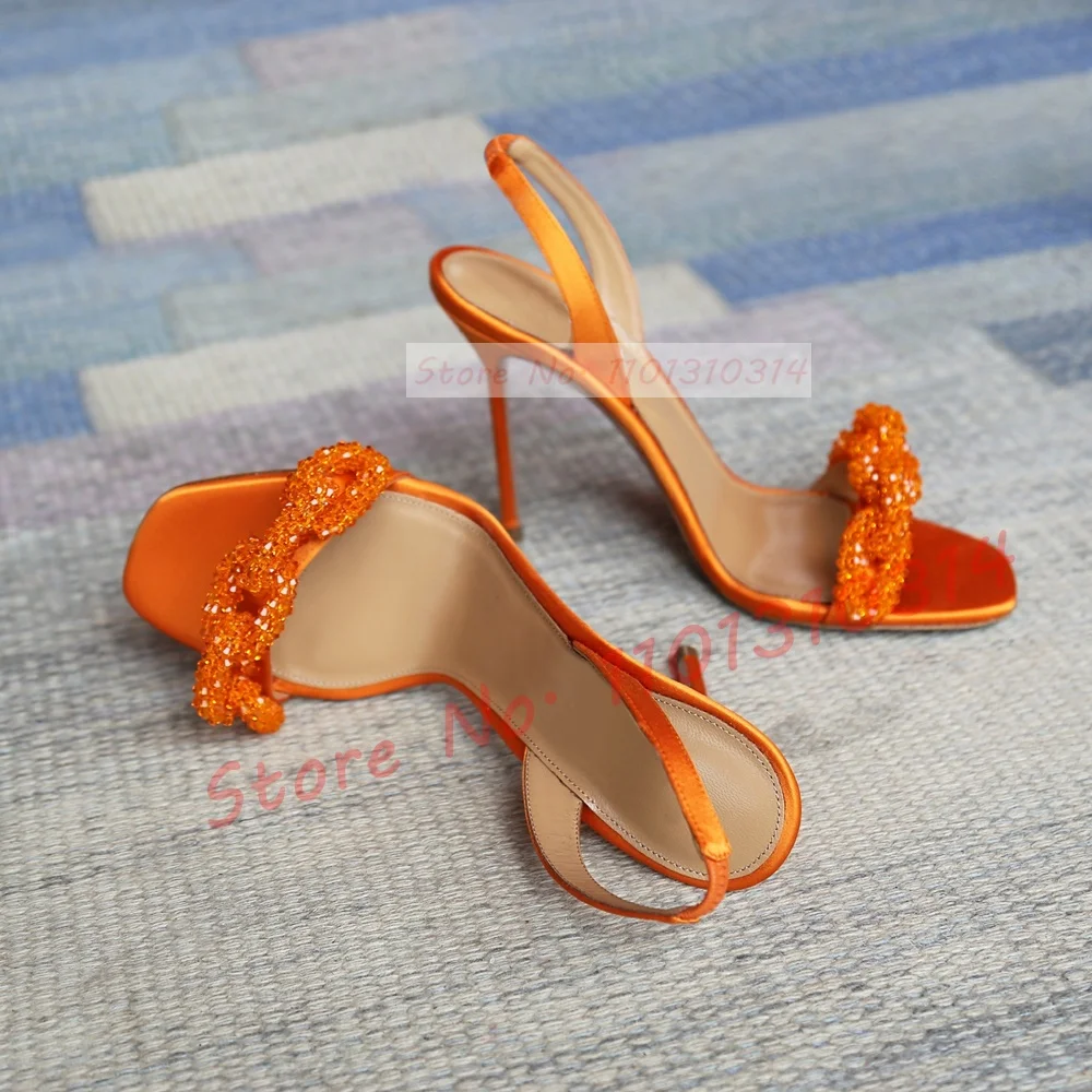 Crystal Chain Slingback Sandals Women Orange Elegant High Heels Luxury Satin Pumps Ladies Casual Party Back Strap Summer Sandals