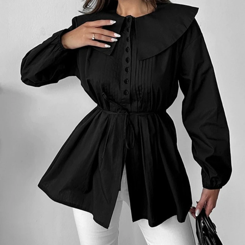 

Pure Cotton Design Pleated Waist Lace-up Doll Collar Solid Color Shirt Women's Thin Commuter Temperament Top