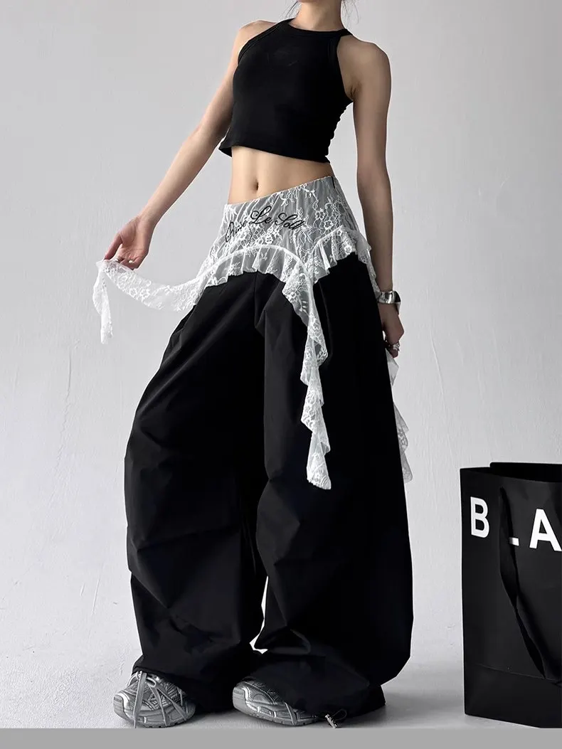 กางเกงขายาวทรงตรงสไตล์ลำลองสำหรับผู้หญิง ผ้าบางเบา เหมาะสำหรับฤดูร้อน แต่งผ้าลูกไม้แบบอเมริกัน ทรงขากว้าง สไตล์ชุดทำงาน