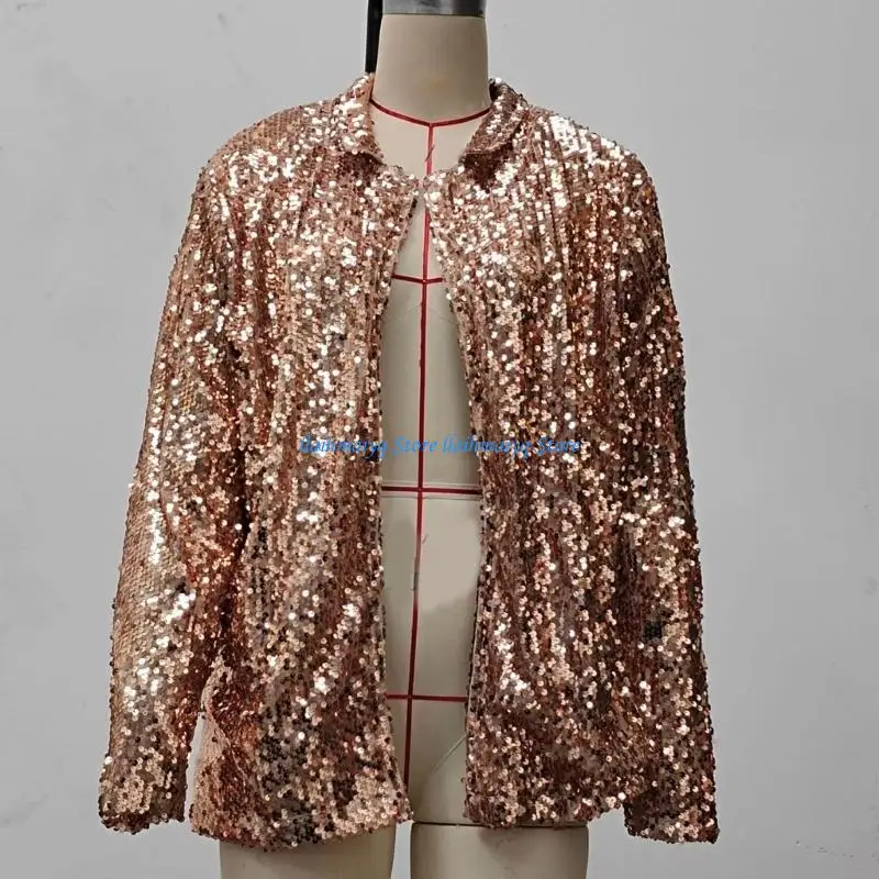 

573B Versatile Long Sleeve Open Front Sequins Coat for Evening Party Women Glittering Lapel Collar Jackets Cardigan