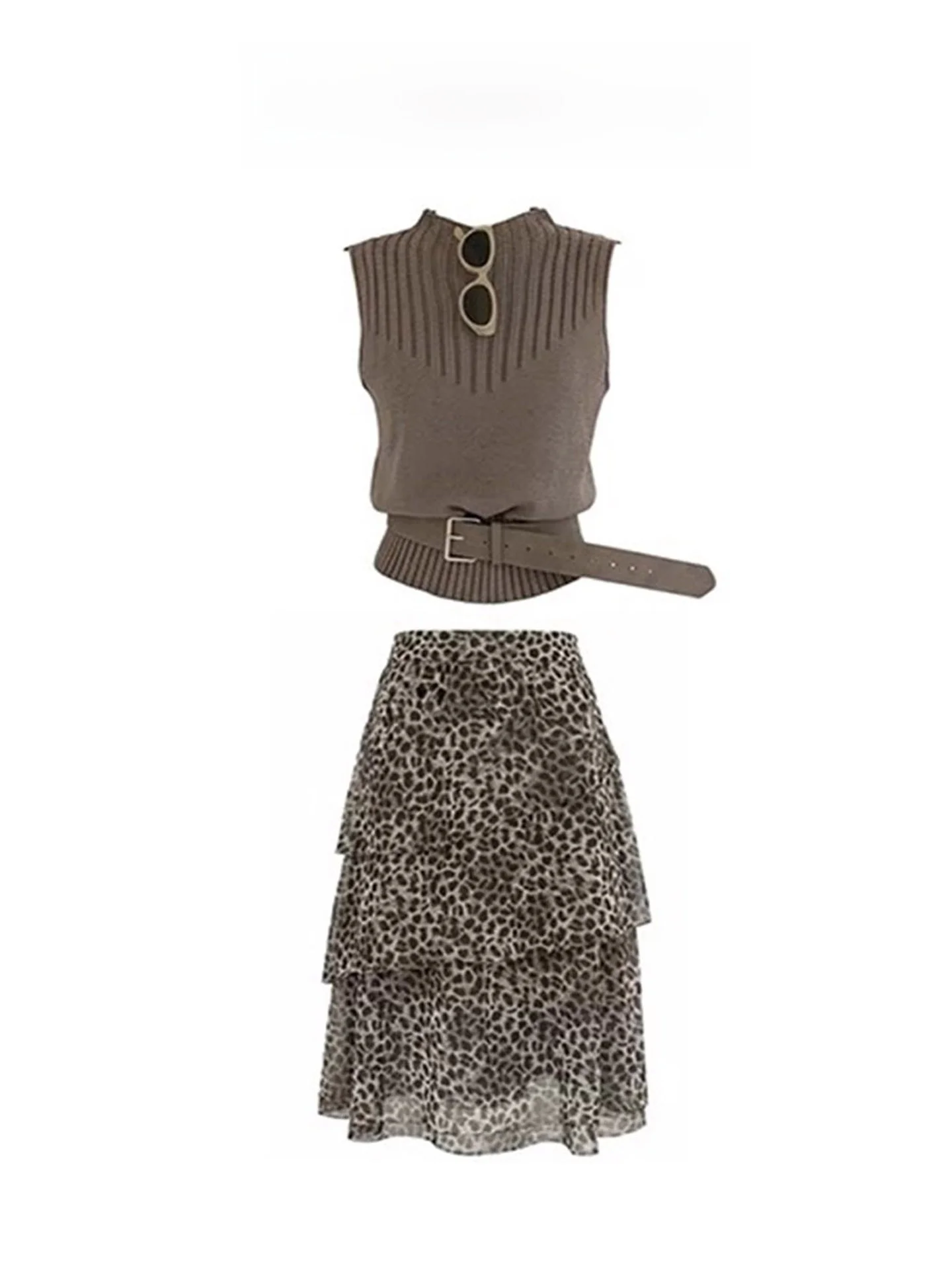 

Retro Elegant Summer Knitted Sleeveless Vest And Leopard Print Skirt Set for Women Breathable Lightweight High Waist