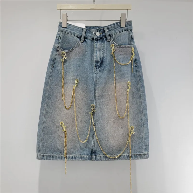 

Metallic Rose Chain Embellished Denim Midi Skirt - New Women's Loose Fit, Slimming A-line Skirt - Casual and Versatile