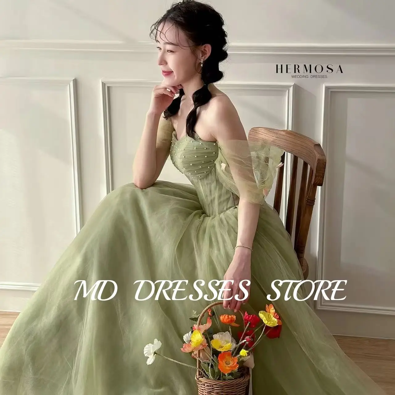 

MD Simple Green Wedding Dress A-line Sweetheart Off Shoulder Pearl Korea PhotoShoot Evening Floor-Length Prom Gown Customised