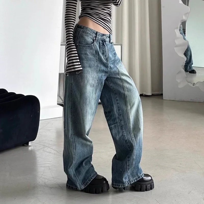 QWEEK America Retro Blue Jeans Donna Vintage Baggy Moda coreana Pantaloni in denim casual Office Lady Pantaloni autunnali di base 2024