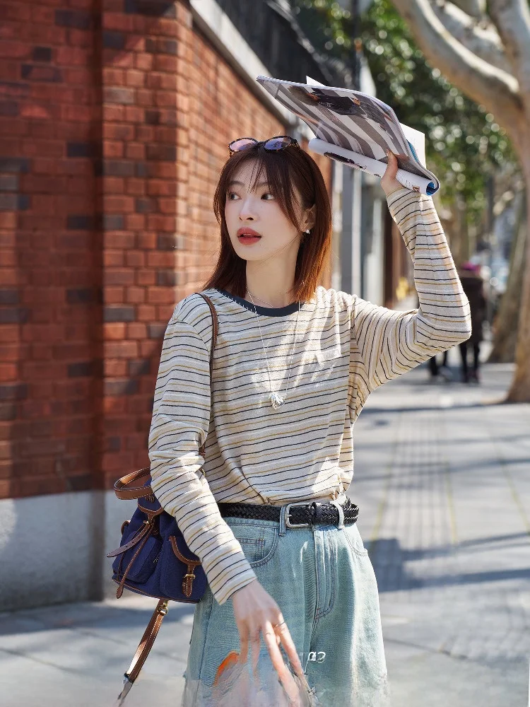 

Women's Haax Long Sve round Ne T-irt Striped Color Blo Workwear Spring Faion Moisture ng Comfortable Fit